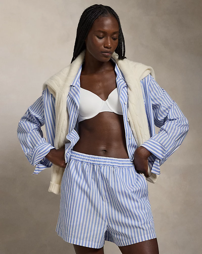 Crop Top & Boxer Poplin Pajama Set - White Cloud Hydrangea