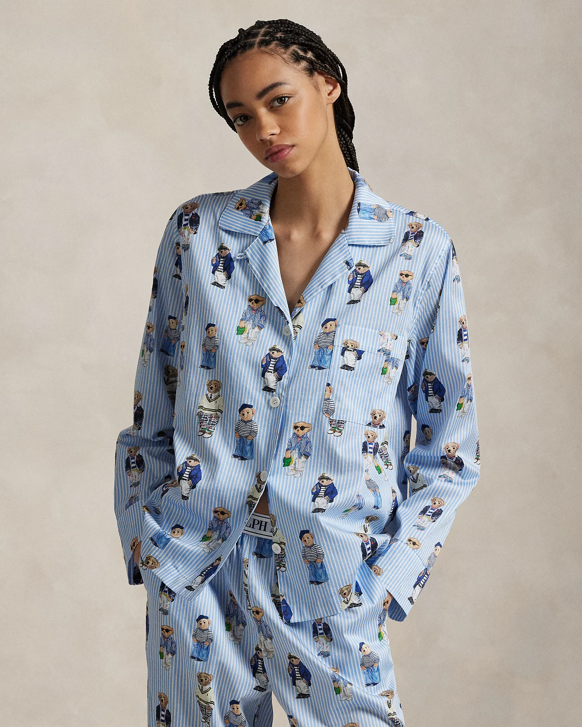 Polo Bear Cotton Long Sleeve Pajama Set - Oxford Blue