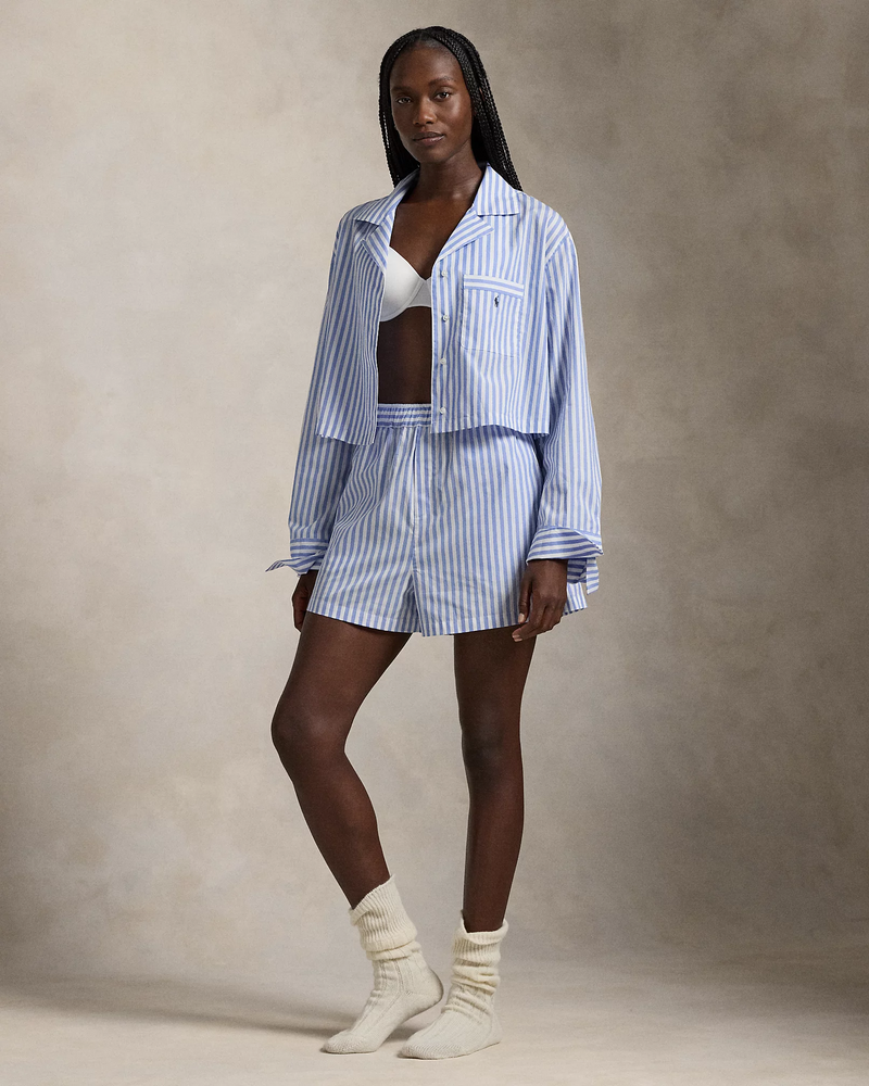 Crop Top & Boxer Poplin Pajama Set - White Cloud Hydrangea