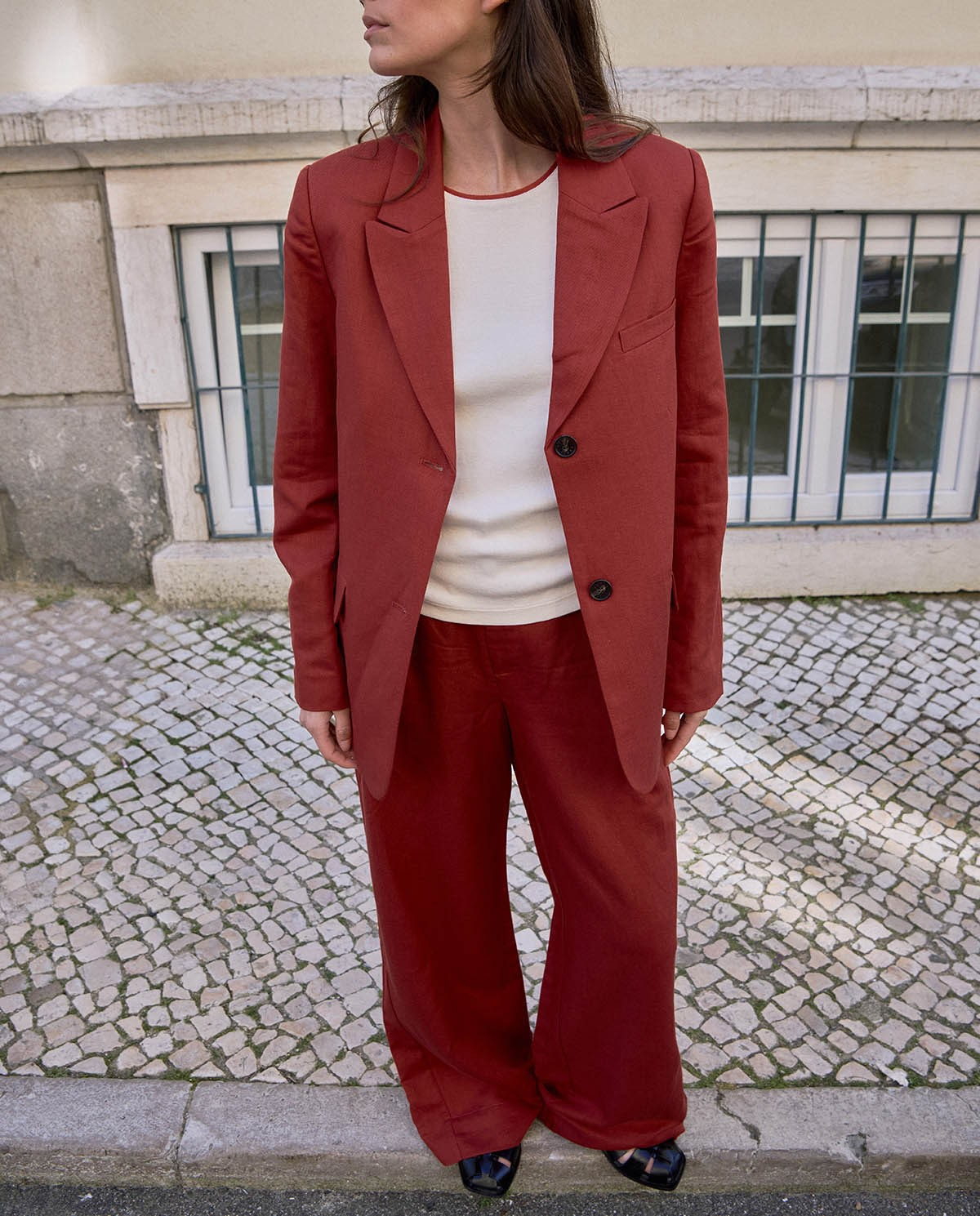 Linen Blend Blazer - Dark Red