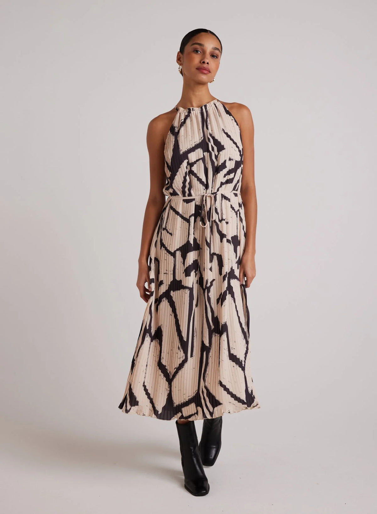 Pleated Halter Maxi Dress - Ivory Mosaic Print