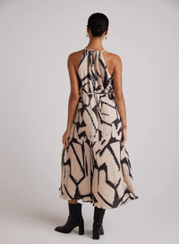 Pleated Halter Maxi Dress - Ivory Mosaic Print