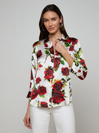 Dani Silk Blouse - White Red Romantic Rose
