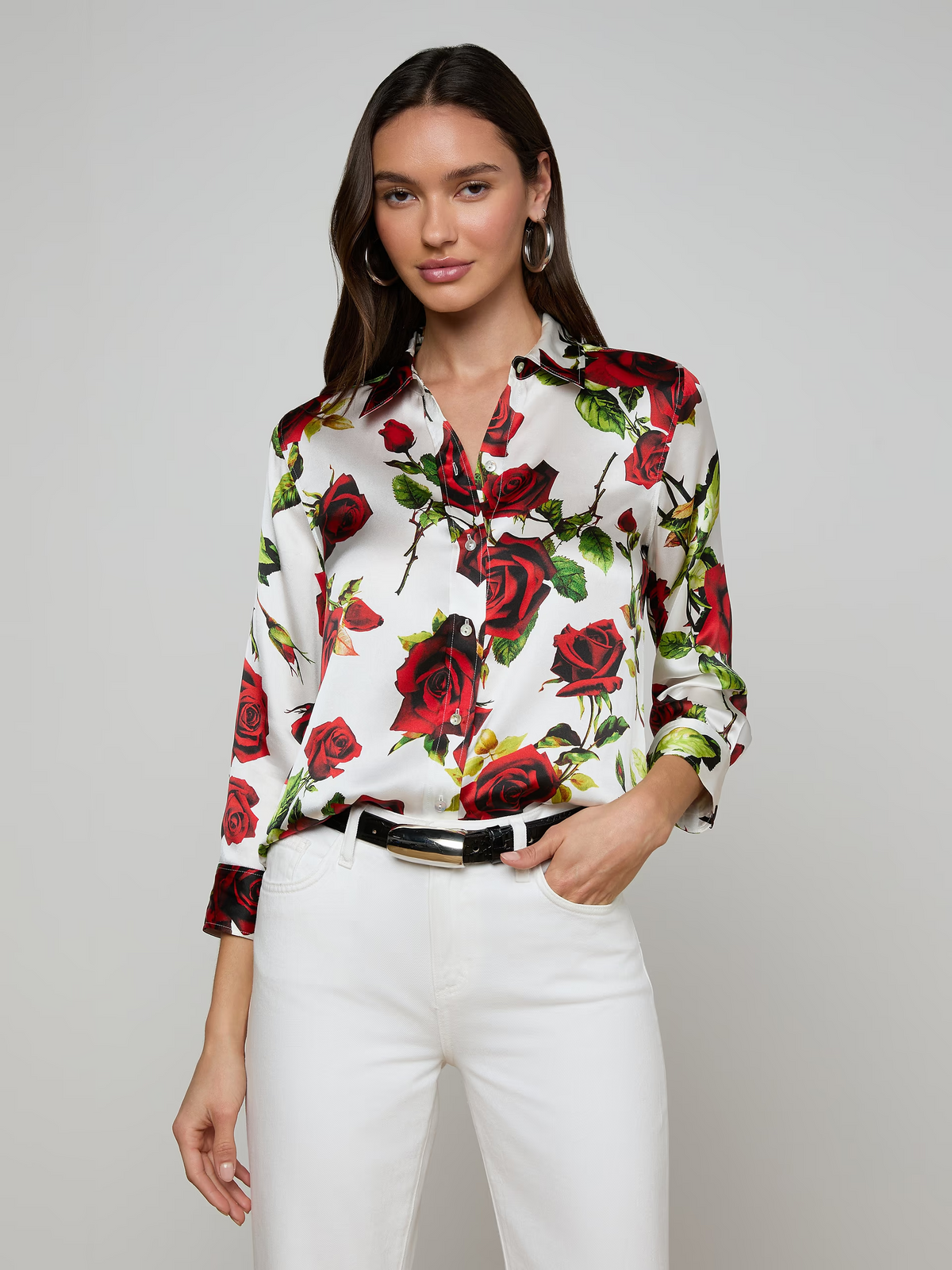 Dani Silk Blouse - White Red Romantic Rose
