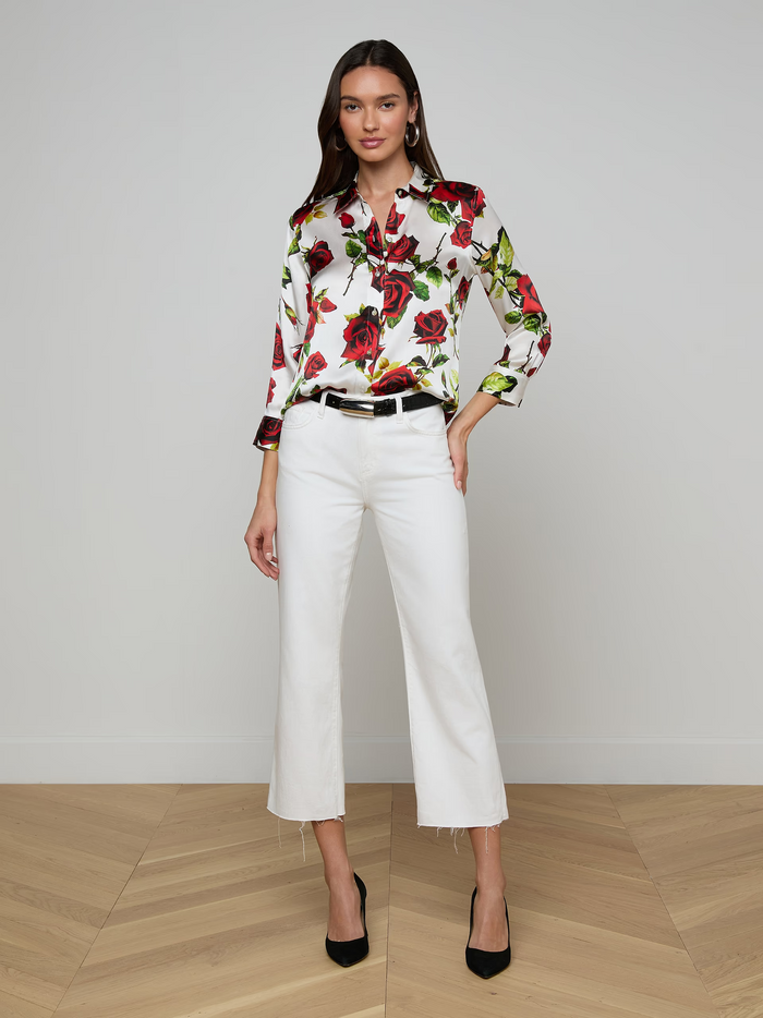 Dani Silk Blouse - White Red Romantic Rose