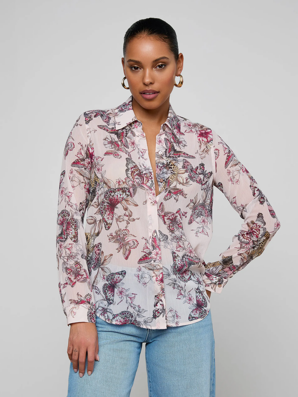 Laurent Blouse - Light Nectar Pink Small Multi Butterfly Jungle