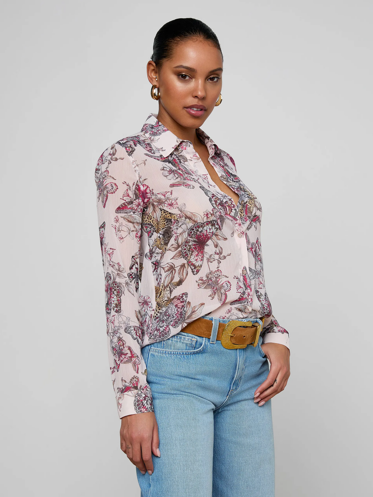 Laurent Blouse - Light Nectar Pink Small Multi Butterfly Jungle