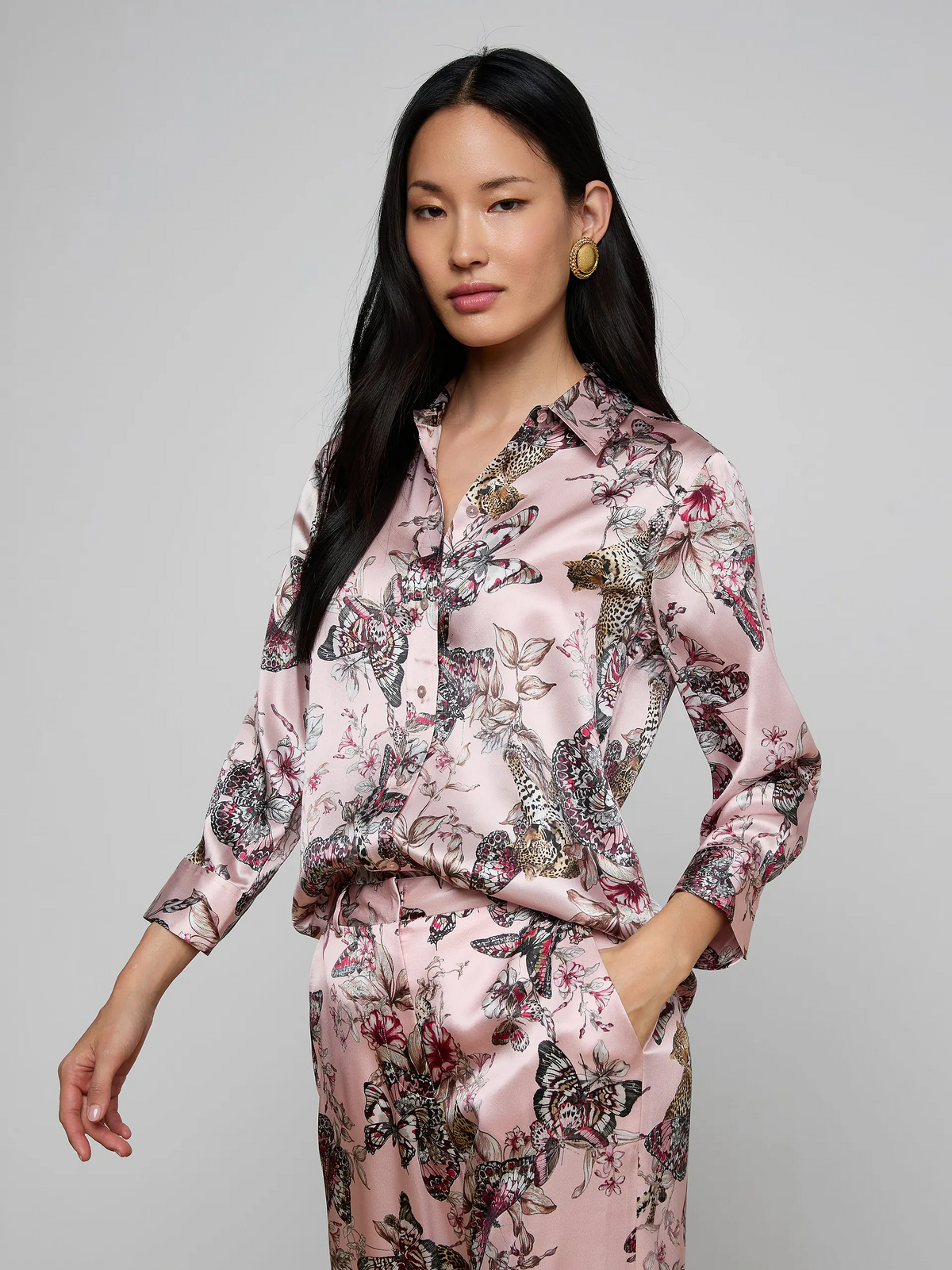 Dani Silk Blouse - Light Nectar Pink Small Multi Butterfly Jungle