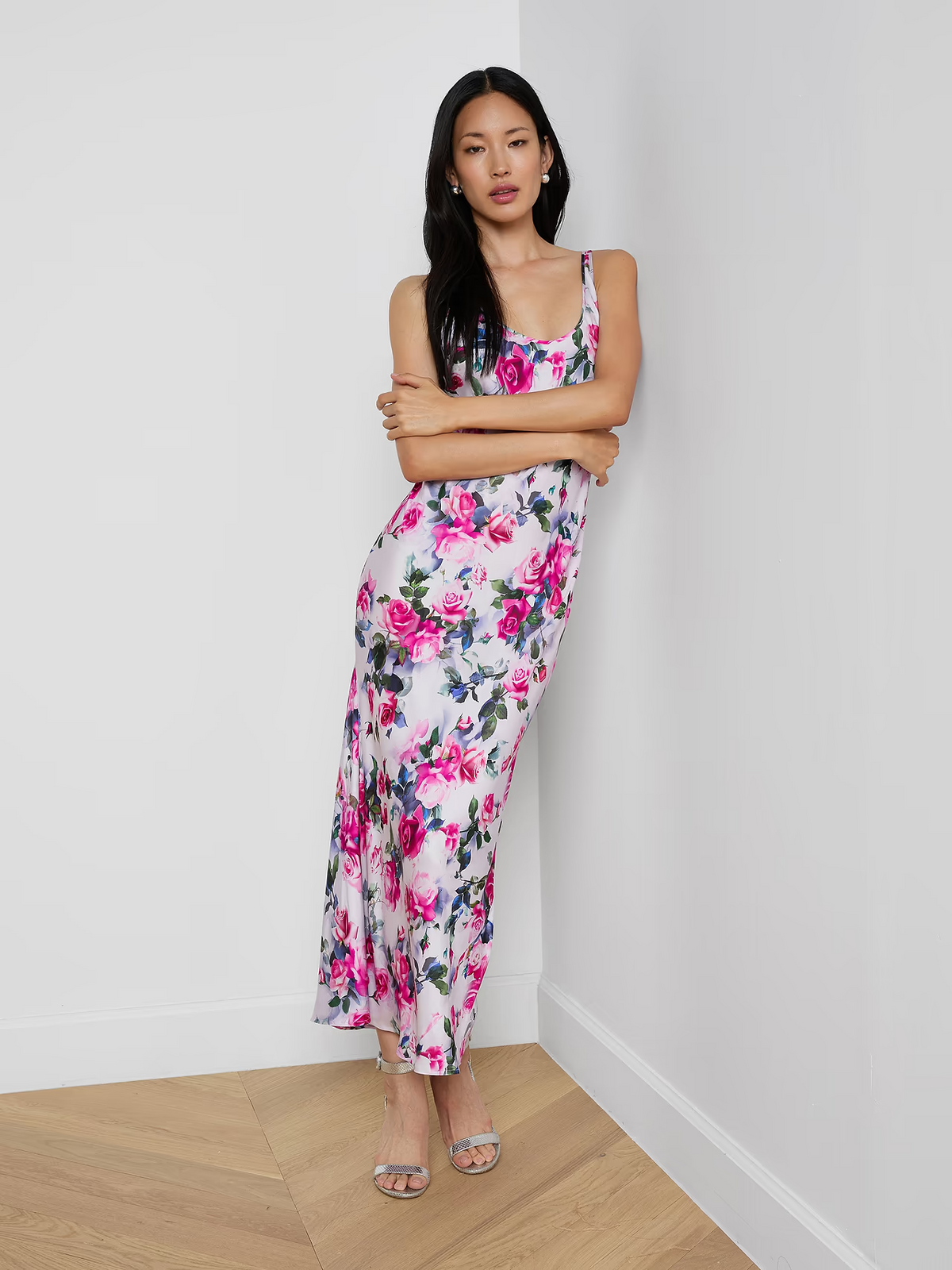 Akiya Satin Maxi Dress - Pink Multi Water Rose