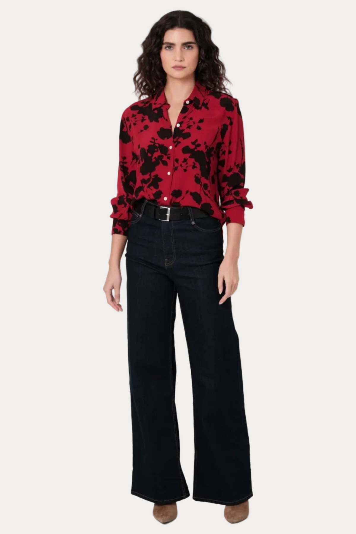Long Sleeve Button Up Shirt With Wide Cuff - Bordeaux Floral