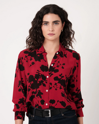 Long Sleeve Button Up Shirt With Wide Cuff - Bordeaux Floral