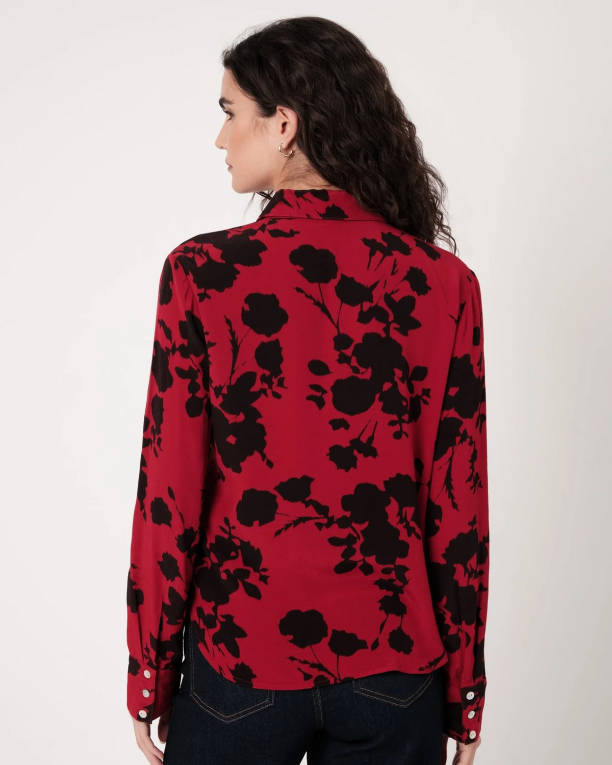 Long Sleeve Button Up Shirt With Wide Cuff - Bordeaux Floral