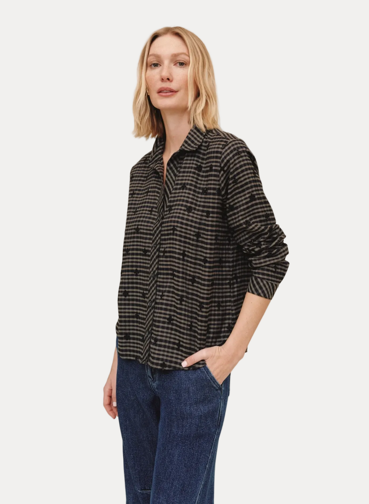 Long Sleeve Clean Button Down Shirt - Black/Olive Gingham