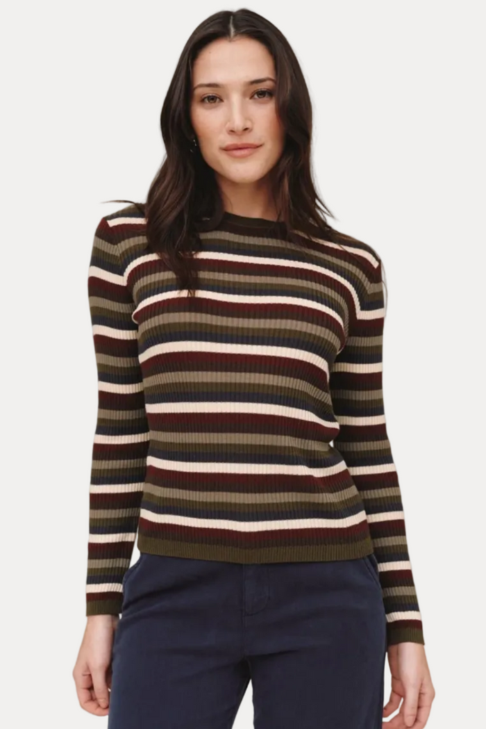 A woman modeling a ribbed knit long-sleeve sweater with horizontal stripes in dark brown, olive green, cream, and burgundy, paired with navy blue pants, against a solid beige studio background.
