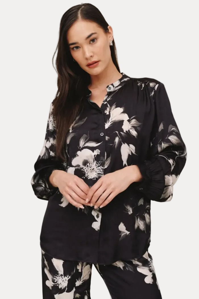 Long Sleeve Mandarin Collar Shirt - Noir Bloom Print