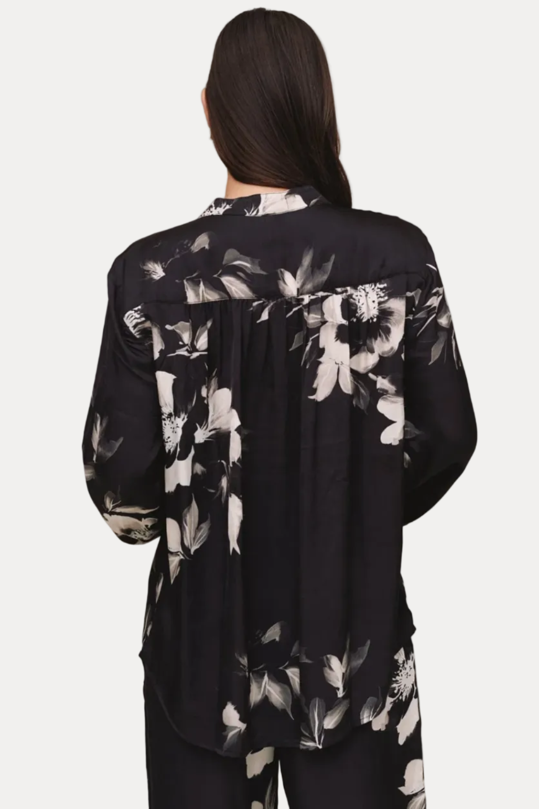Long Sleeve Mandarin Collar Shirt - Noir Bloom Print