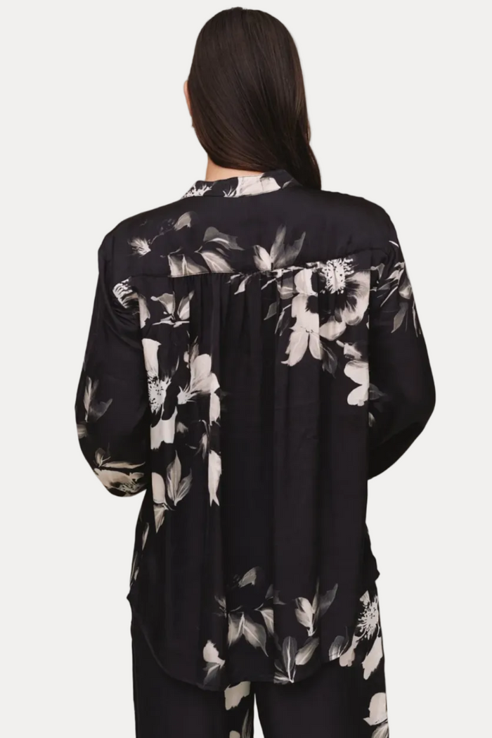 Long Sleeve Mandarin Collar Shirt - Noir Bloom Print