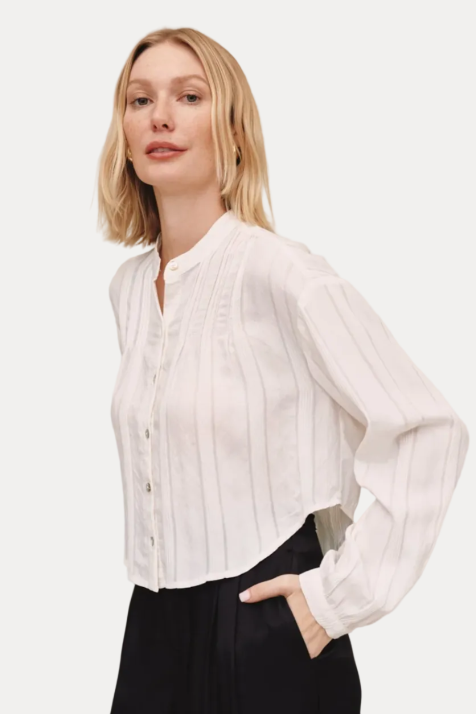 Long Sleeve Pintuck Shirt - Ivory Shadow Stripe