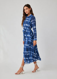 Long Sleeve Pleated Maxi Shirt Dress - Ocean Tides Print