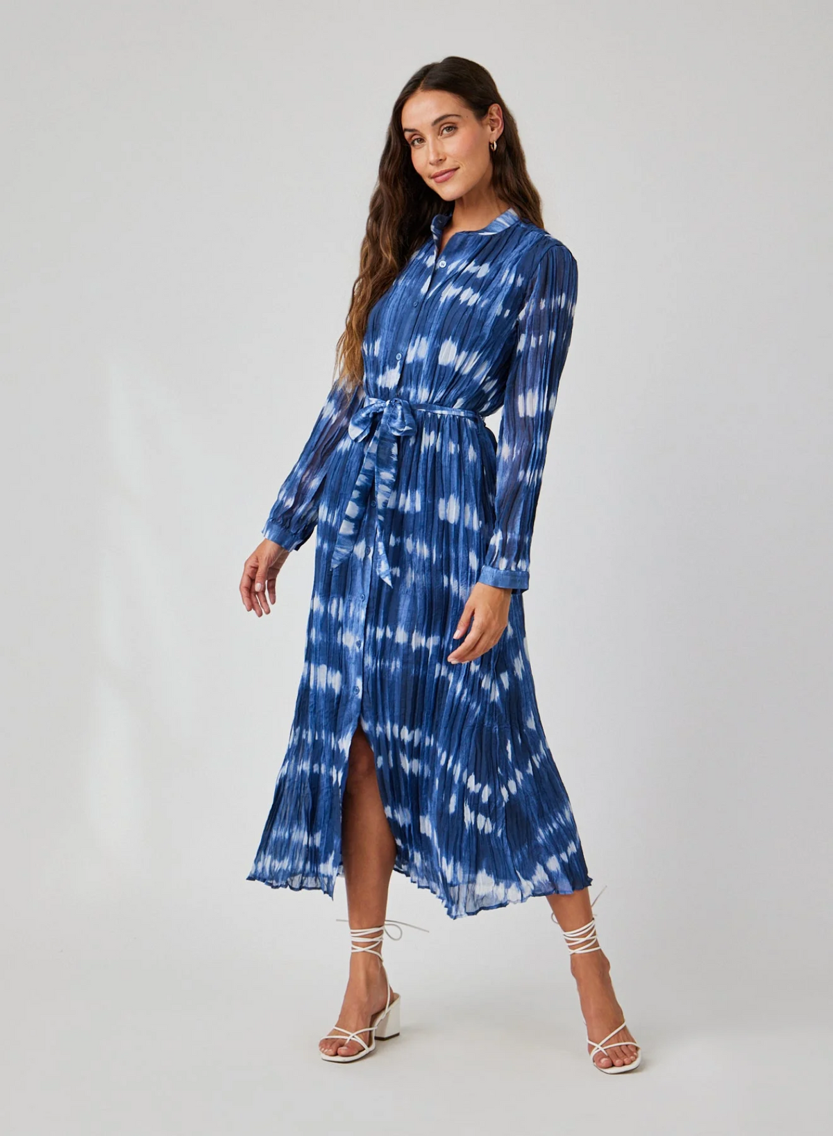 Long Sleeve Pleated Maxi Shirt Dress - Ocean Tides Print