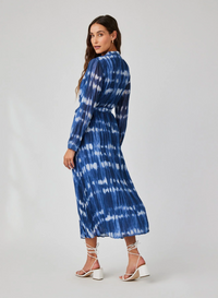 Long Sleeve Pleated Maxi Shirt Dress - Ocean Tides Print