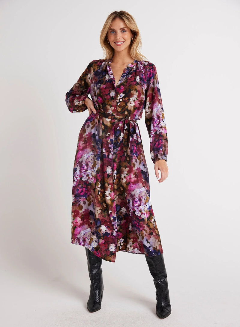 purple floral print high neck raglan sleeve dress Calla Raglan Mini Dress - Evening Floral Print