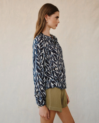 Long Sleeve Shirred Raglan Shirt - Navy Leaves Print