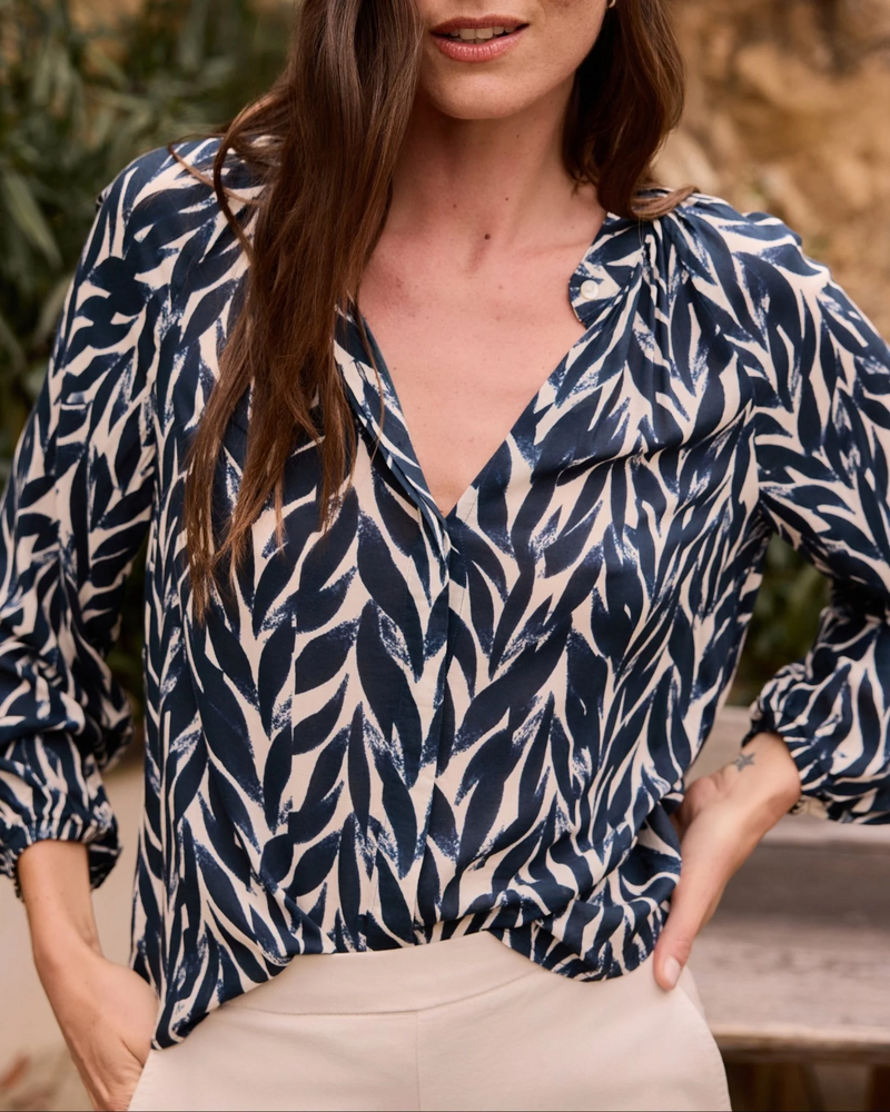 Long Sleeve Shirred Raglan Shirt - Navy Leaves Print