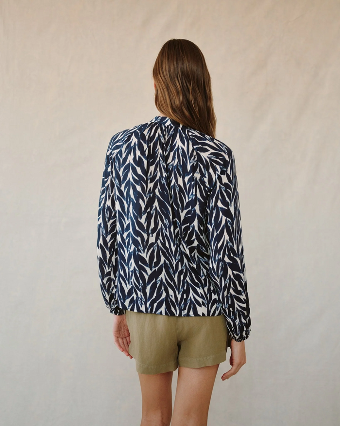 Long Sleeve Shirred Raglan Shirt - Navy Leaves Print