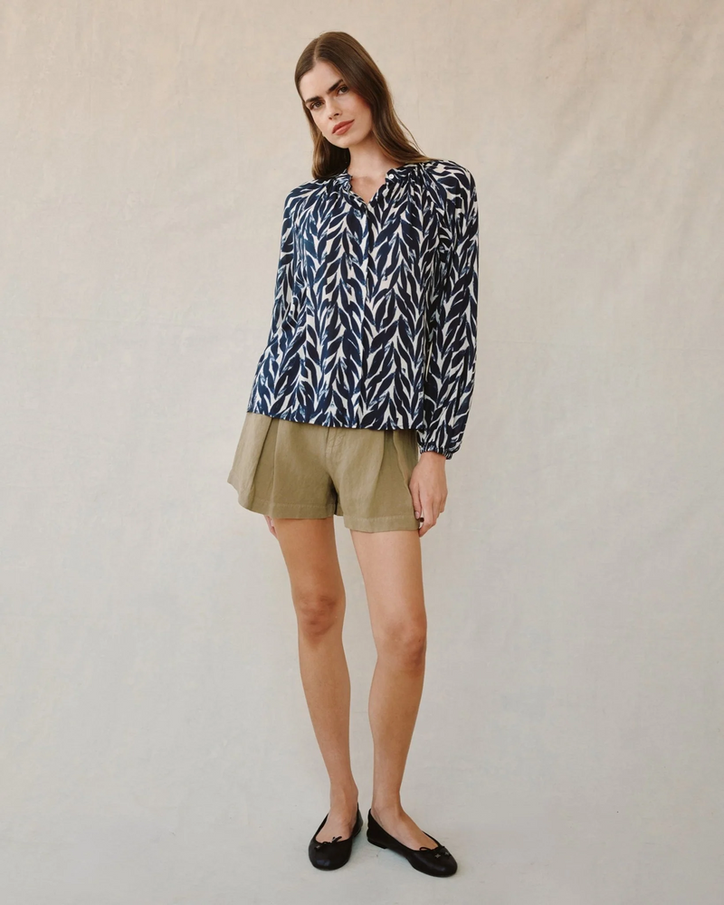 Long Sleeve Shirred Raglan Shirt - Navy Leaves Print