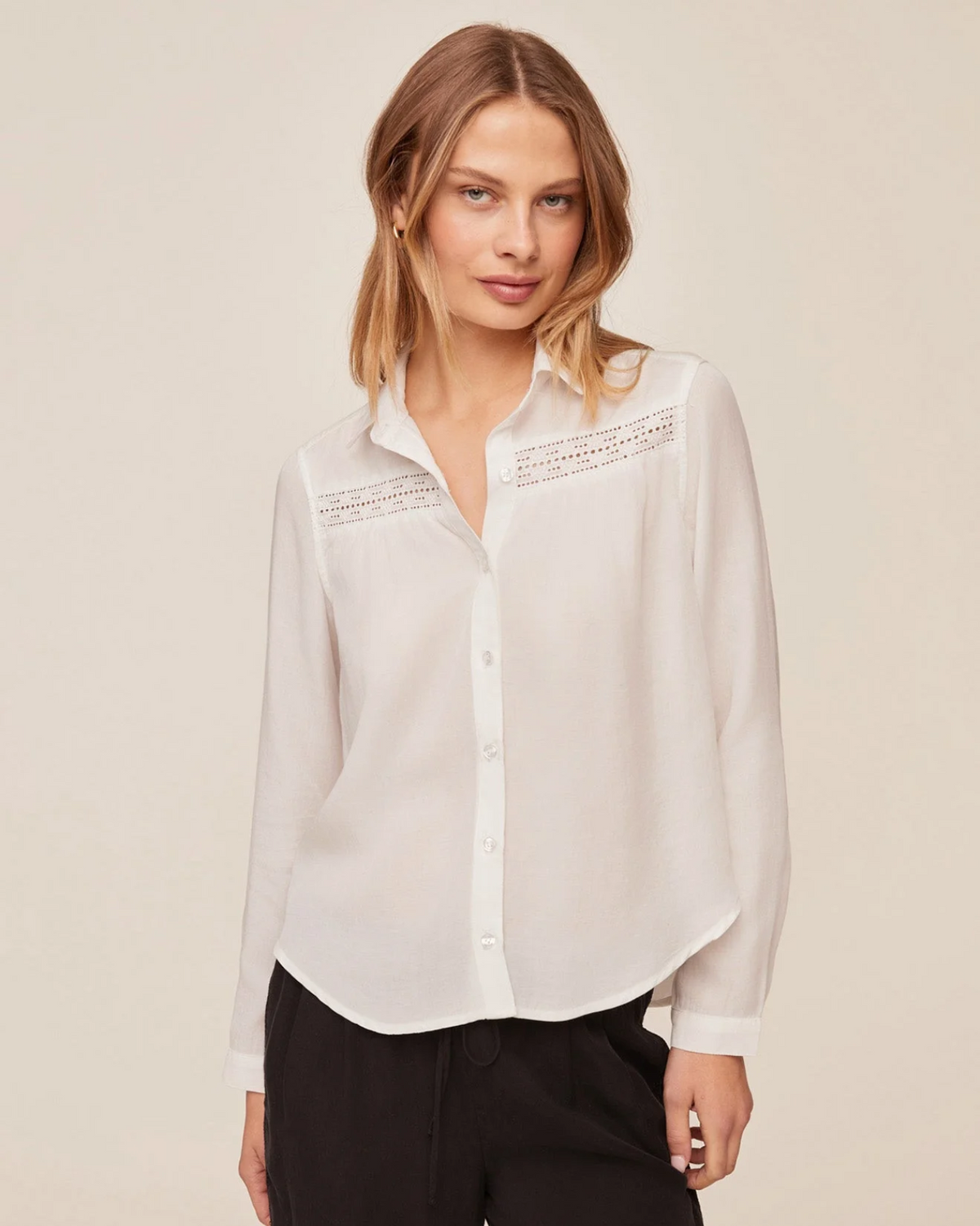 Long Sleeve Shirt With Lace Inset - Ivory