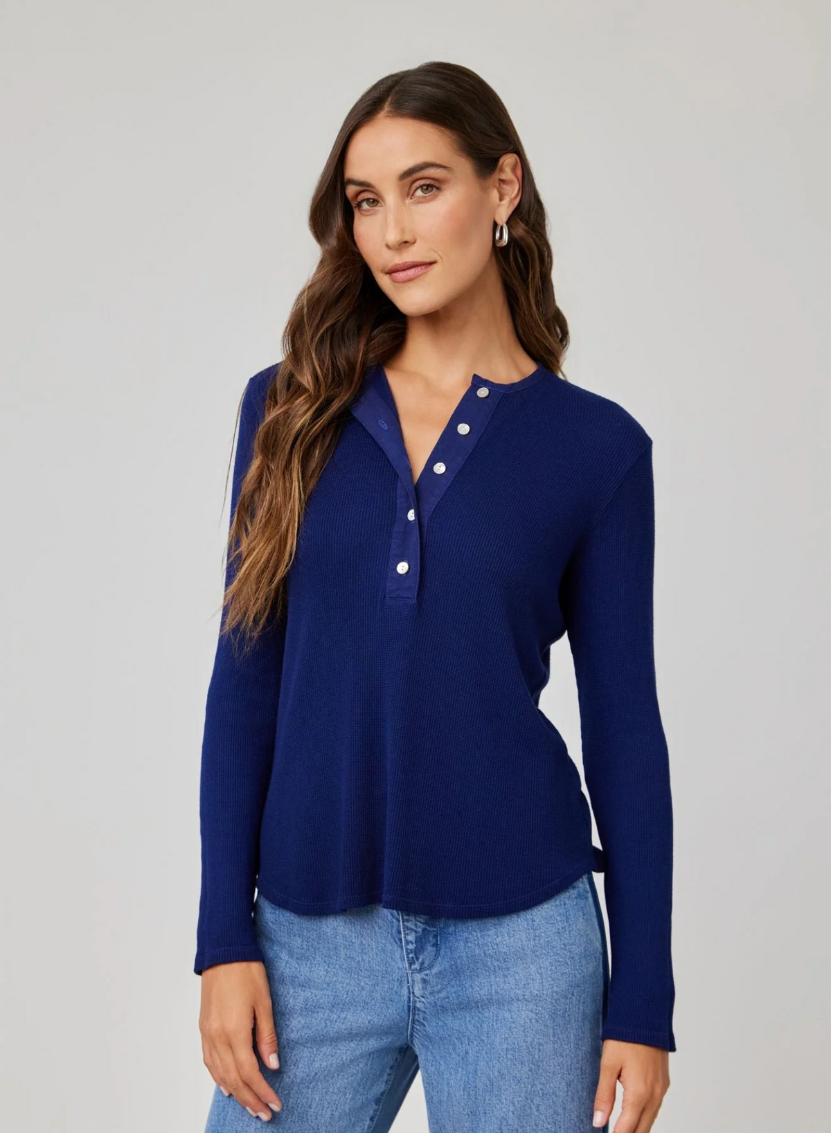 Long Sleeve Wide Placket Henley - Navy Coast