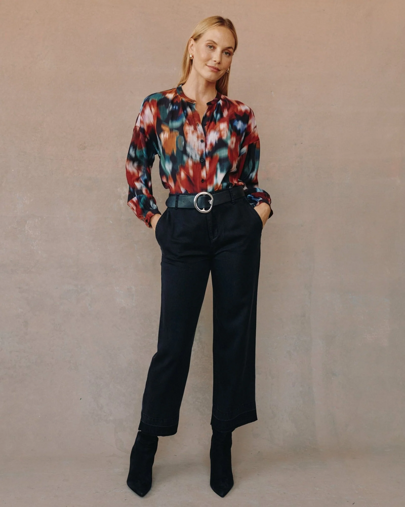 Mandarin Collar Button Down - Blurred Floral Print