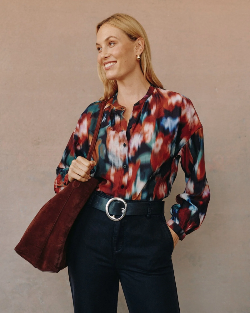Mandarin Collar Button Down - Blurred Floral Print