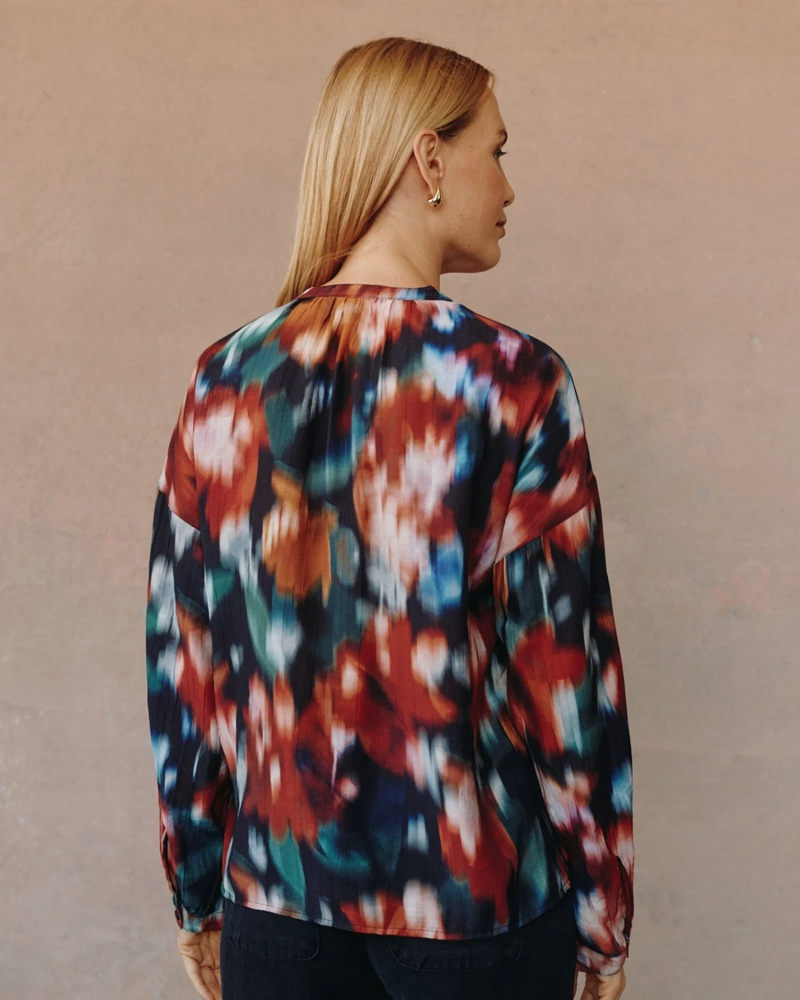 Mandarin Collar Button Down - Blurred Floral Print