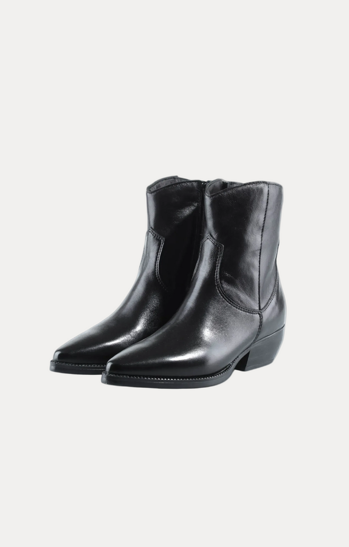 A pair of black leather ankle boots with pointed toes and low block heels, shown on a plain white background.
