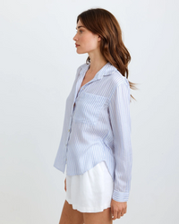 Oversized Split Back Button Down - Provence Peri Stripe
