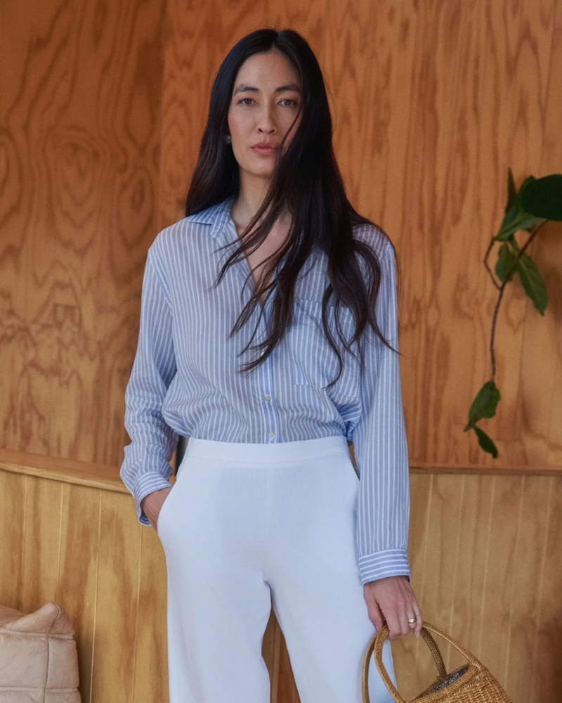 Oversized Split Back Button Down - Provence Peri Stripe