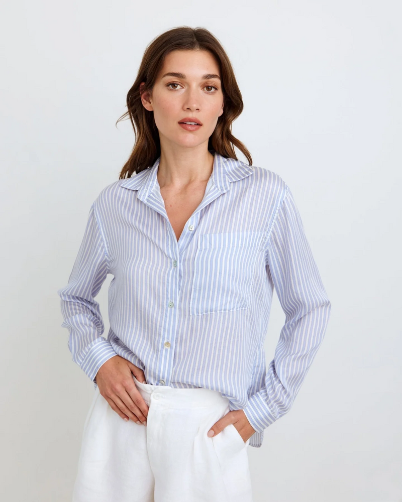 Oversized Split Back Button Down - Provence Peri Stripe