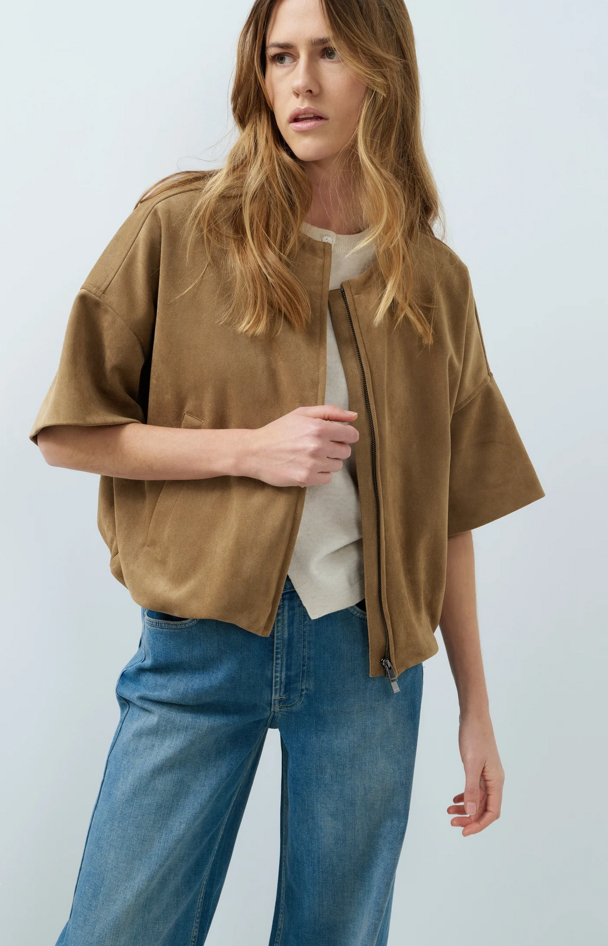 Oversized Short Sleeve Suedine Jacket - Otter Brown