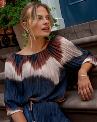 Pleated 3/4 Bubble Sleeve Blouse - Midnight Tides Print