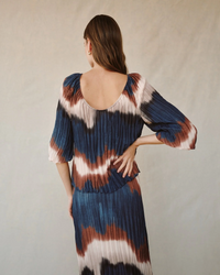 Pleated 3/4 Bubble Sleeve Blouse - Midnight Tides Print