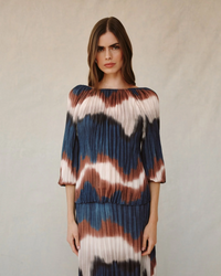 Pleated 3/4 Bubble Sleeve Blouse - Midnight Tides Print