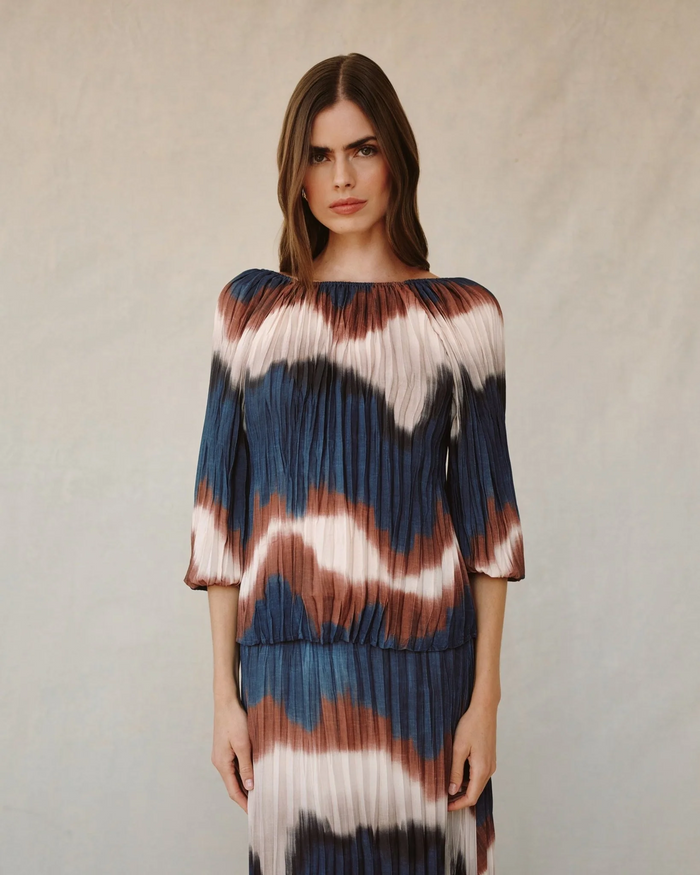 Pleated 3/4 Bubble Sleeve Blouse - Midnight Tides Print