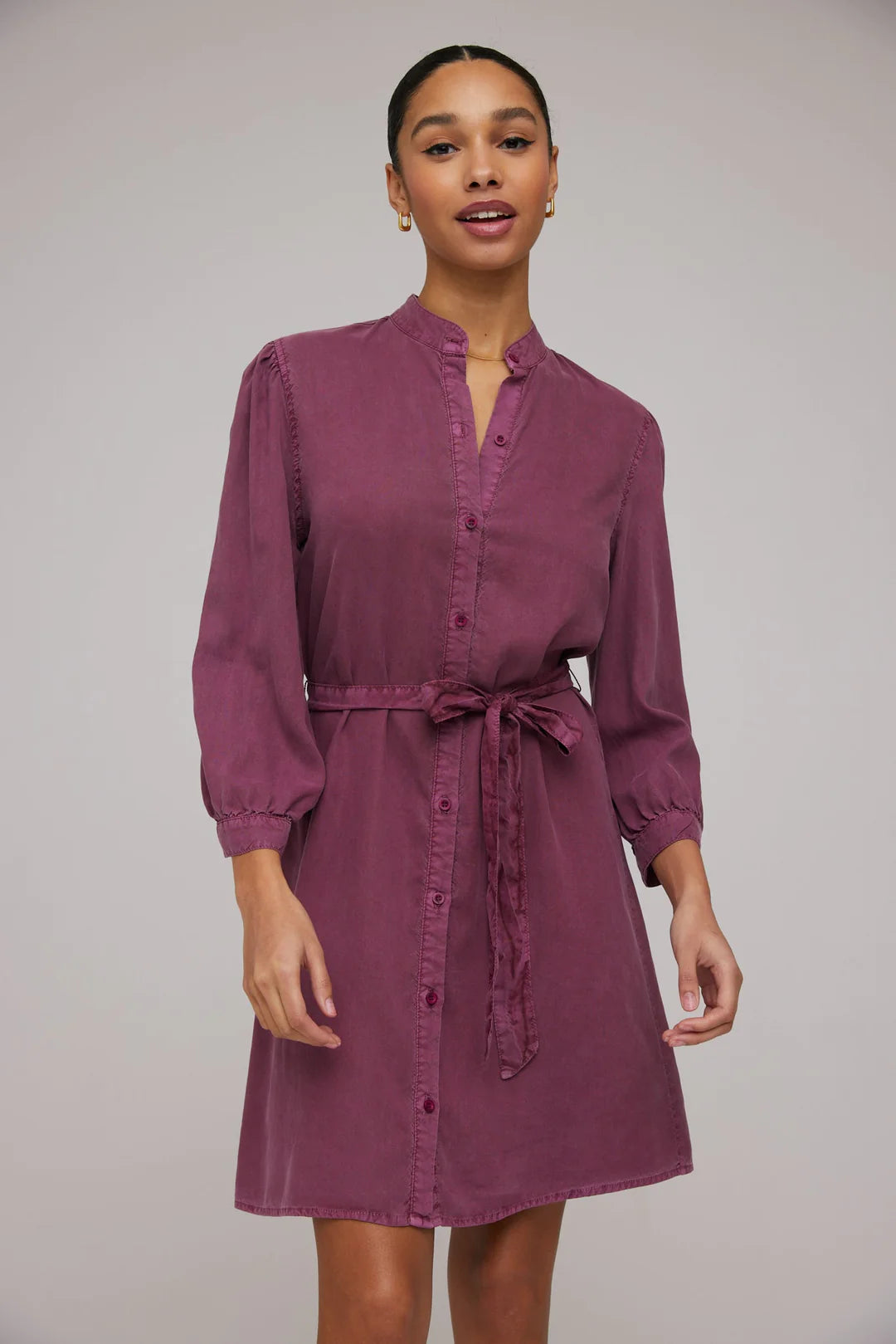 Puff Sleeve Belted Shirt Dress Purple Berry