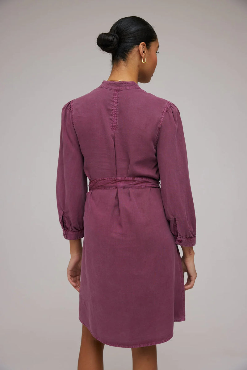 Puff Sleeve Belted Shirt Dress - Purple Berry