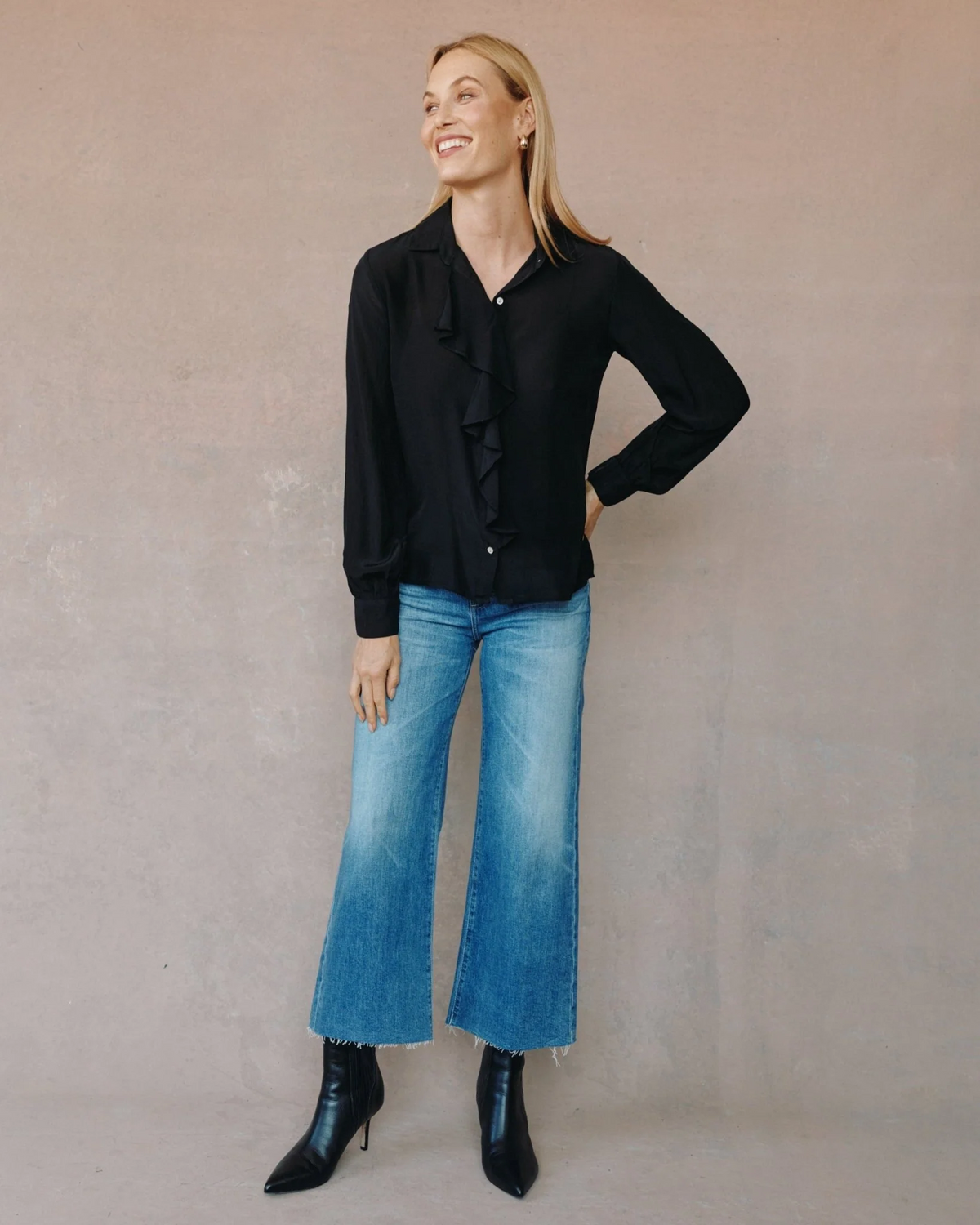 Ruffle Front Shirt - Black