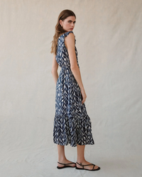 Ruffle Midi Dress - Navy Leaves Print