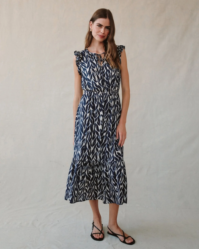 Ruffle Midi Dress - Navy Leaves Print