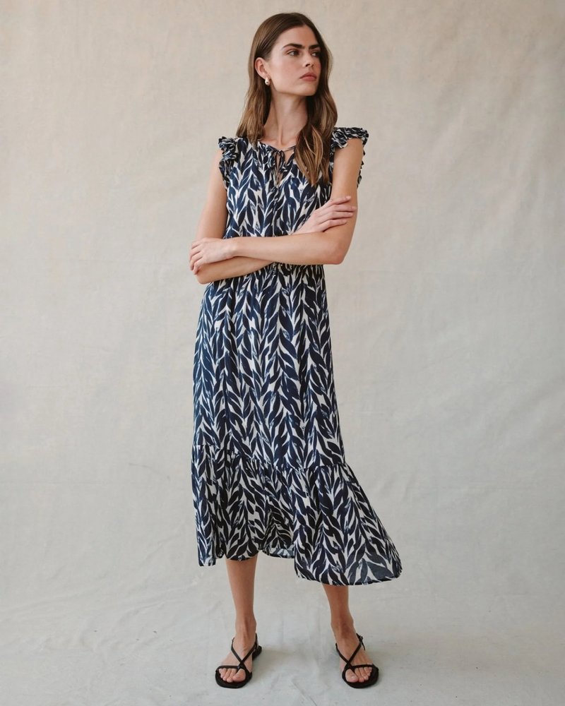 Ruffle Midi Dress - Navy Leaves Print
